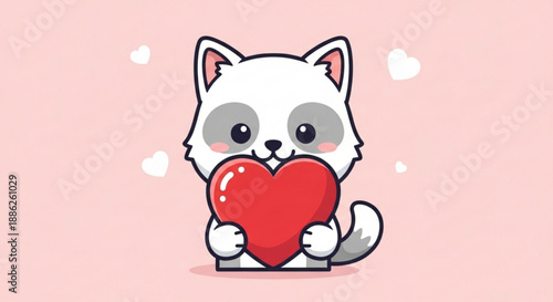 Cute white cartoon cat holding red heart on pink background