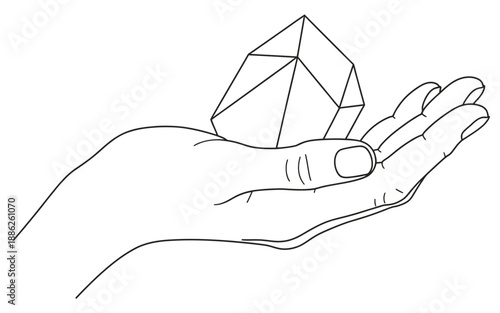 Minimalist Line Art Drawing of a Hand Holding a Geometric House Shape