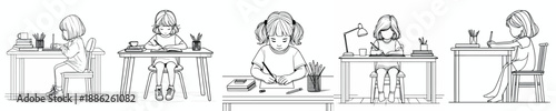 line art of a little girl studying at a desk