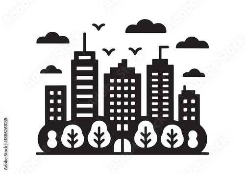 Tree and City Icon, Editable Solid Vector Illustration