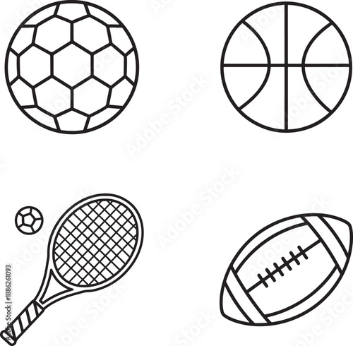 Sports equipment and balls illustration icon set in line art style