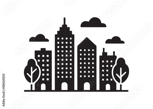 Tree and City Icon, Editable Solid Vector Illustration