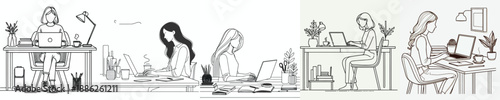 line art of a woman in work space with a laptop and a cup of coffee