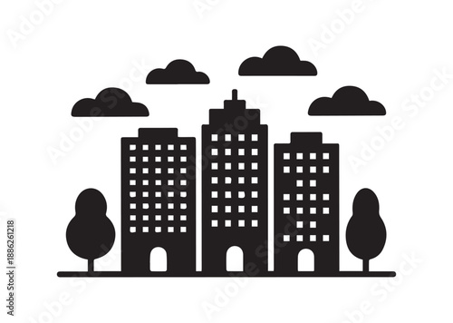 Tree and City Icon, Editable Solid Vector Illustration