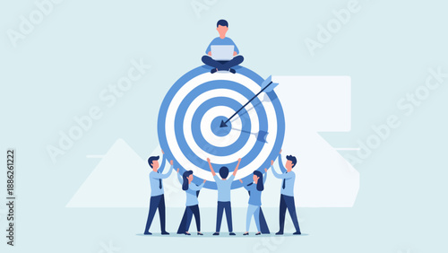 Team lifting giant target with person sitting on top holding a large arrow