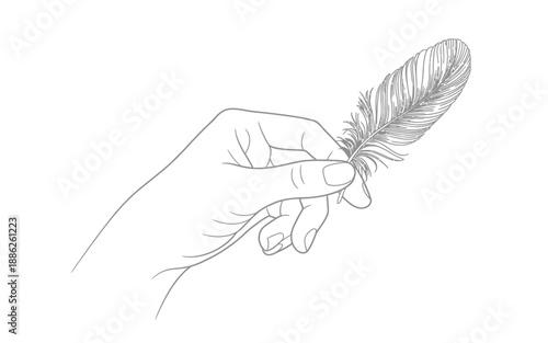 Hand Holding Delicate Bird Feather Line Art Illustration