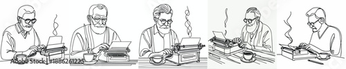 line art of grandfather typing on a traditional typewriter