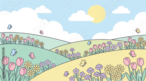 Cute Spring Meadow Vector Background. Pastel rolling hills landscape with flowers, butterflies, and cloudy sky illustration