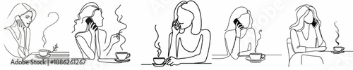 line art of a woman on the phone and a cup of coffee on the table