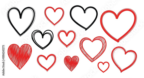 A collection of hand drawn hearts in varying sizes and colors showcases affection and romantic feelings high quality