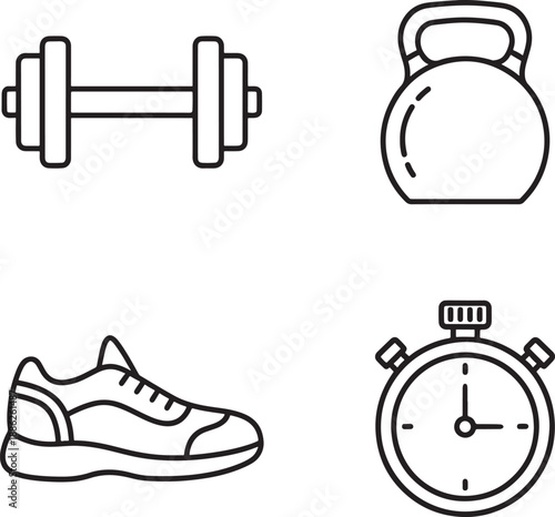 Fitness icons including dumbbell kettlebell running shoe and stopwatch