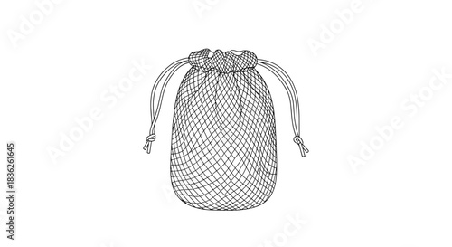 Drawstring mesh pouch isolated on a pristine white background, showcasing a simple yet elegant design with intricate netting details and soft fabric texture