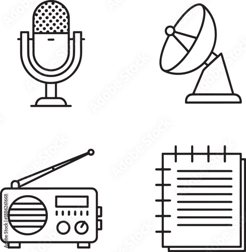 Radio communication and journalism icon set in line art style