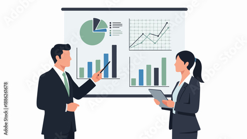 Business professionals analyzing graphs and charts on a presentation screen in a corporate environment from a frontal viewpoint