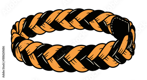 Braided belt with intricate pattern isolated on a white background, showcasing a detailed design in black and orange tones