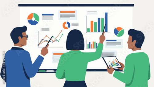Team of professionals analyzing business data on a large screen display with various charts and graphs in a modern office setting