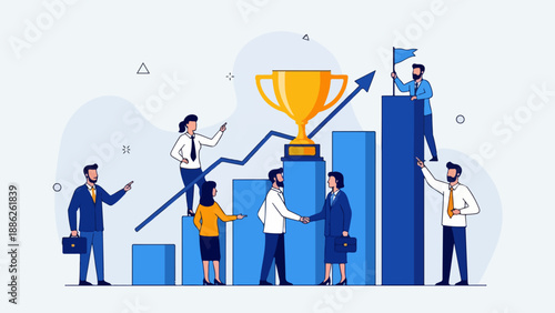 Business professionals celebrating success with a trophy and graph in an office environment from a straightforward viewpoint