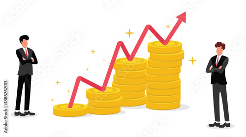 Business growth concept with rising profit chart and stacked gold coins