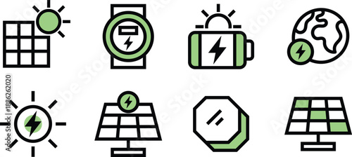 Nonenergy, bioenergy, solar, battery Icon Set Solar Panel Vector Symbols for Mobile and Web Apps