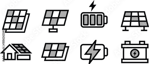 Solar power, energy, sunlight, electricity Icon Set Solar Panel Vector Symbols for Mobile and Web Apps