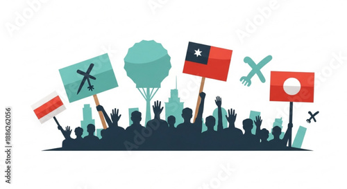 Protesters with flags and signs in a cityscape background at night