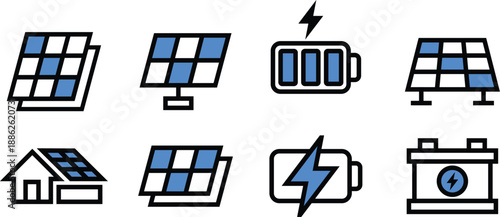 Sun, battery, hydropower, hydroelectric Icon Set Solar Panel Vector Symbols for Mobile and Web Apps