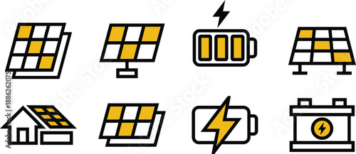 Sunlight, electricity, solar power, energy Icon Set Solar Panel Vector Symbols for Mobile and Web Apps