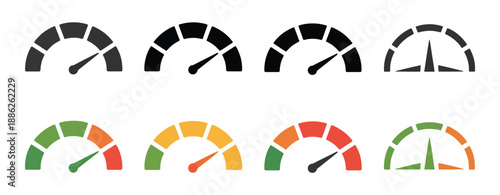 Speedometer icon, vector set of gauges from low to high, risk meter symbols, performance and measurement concept illustration.