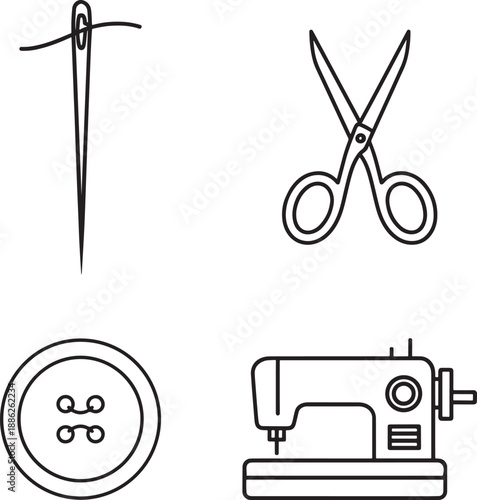 Sewing tools and notions icon set in line art style