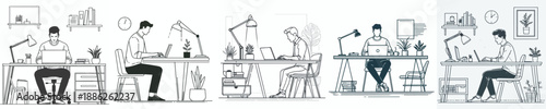 line art of a man in work space with a laptop and a cup of coffee