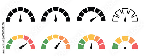 Speedometer icon, vector set of gauges from low to high, risk meter symbols, performance and measurement concept illustration.