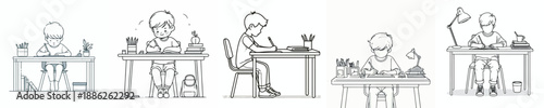 line art of a little boy studying at a desk