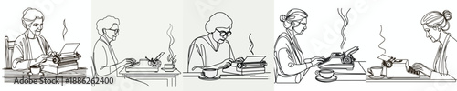 line art of grandmother typing on a traditional typewriter