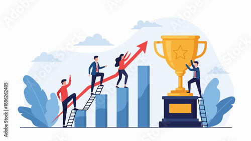People Climbing Bar Graph Towards Golden Trophy