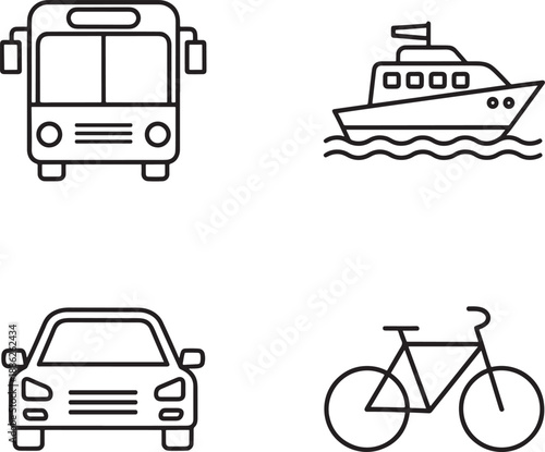 Transportation modes icon set in line art style