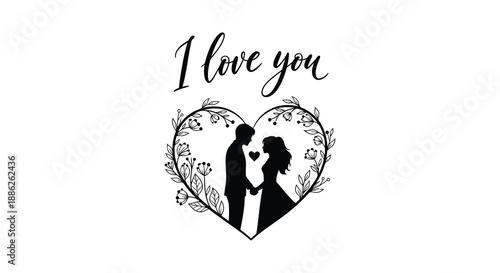 A black and white illustration depicts a couple embracing within a heart shaped floral wreath alongside the text i love you
