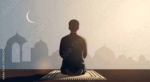 Minimalist flat vector illustration of a man praying with mosque silhouette and crescent moon, Ramadan greeting background, generative AI