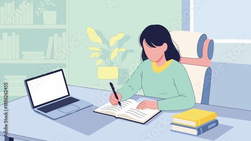 A woman writing in a notebook while sitting at a desk with a laptop and books in a study environment from a slightly elevated viewpoint