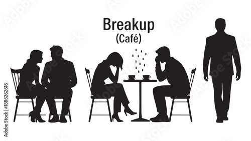 Couple having breakup in cafe with sad woman and standing man in silhouette style with dramatic lighting on white background for emotional