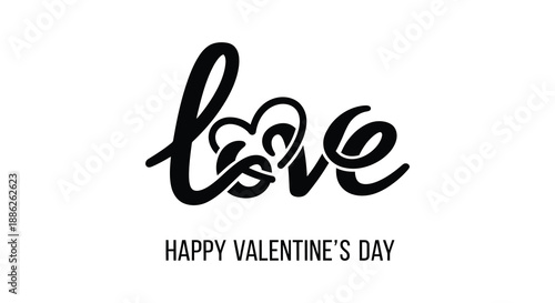 A stylish black cursive script spelling the word love accompanied by a cheerful happy valentine s day message on white