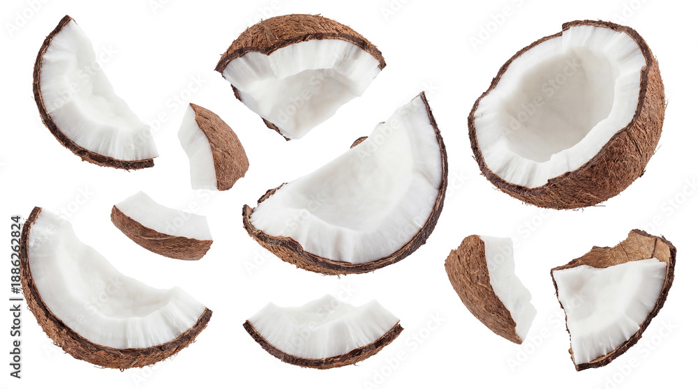 Obraz premium an overhead view of fresh coconut pieces, including halves and fragments, revealing the white flesh and brown fibrous husk against a clean transparent background.