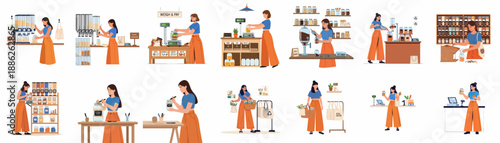 Obraz na plátně Zero Waste Shopping Concepts Collection: Woman Refilling Jars with Bulk Food, Weighing Products, and Using Reusable Containers at an Eco-Friendly Store