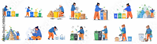 Comprehensive set of illustrations showing people sorting waste into segregated bins for plastic, paper, and glass, promoting recycling, sustainability, and environmental protection.