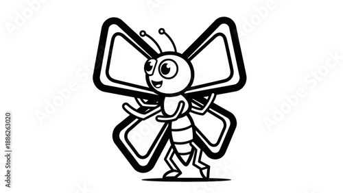 Charming Cartoon Butterfly Character Illustration in Monochromatic Black and White