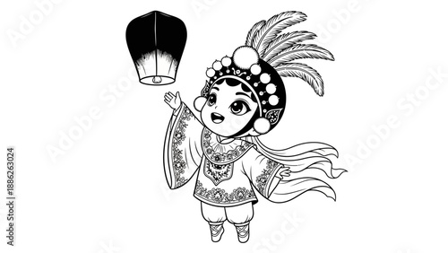 Cartoon Chinese Opera Performer with Sky Lantern Illustration for Cultural Themes