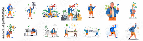 Active senior man collage illustrating various climate change activism roles, including protesting, promoting sustainability, and advocating for environmental justice with placards.