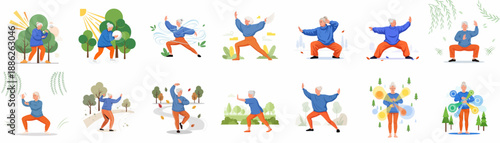 Senior Woman Practicing Tai Chi and Qigong Outdoors: Vector Collection of Elderly Fitness, Balance, Meditation, and Wellness Poses in Nature.