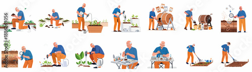 Senior man engaged in advanced gardening and soil science activities, including composting, pH testing, and microscopic examination of healthy earth.