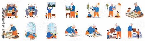 Grandmother and Grandson Reading Books Collection: Storytelling, Learning, and Family Bonding Time.