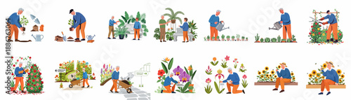 Happy senior people gardening set. Elderly men and women engaging in various horticulture activities like planting, watering, trimming, and enjoying flowers in the garden.